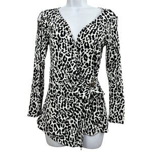 Vtg Y2K Cache Faux Wrap Top S Black White Animal Print Stretch Slim Mob Wife‎